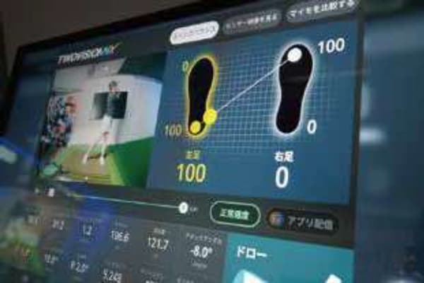 GOLFZONのTWOVISON NXに搭載されているモーションセンサーで体重移動を分析している様子