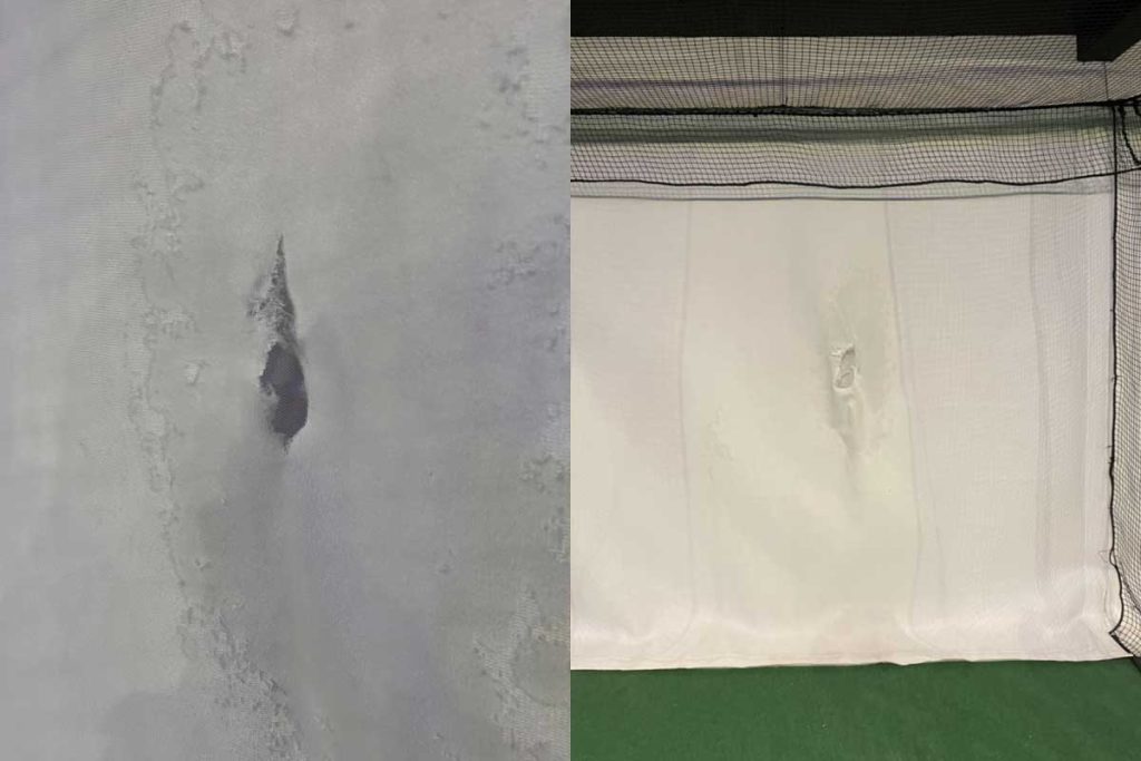 シミュレーションゴルフ打席の破れた消音スクリーン