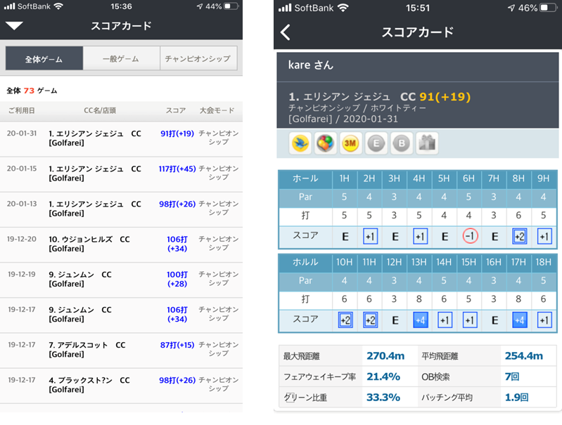 OKONGOLFアプリのスコア画面